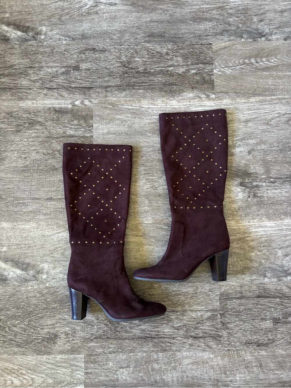 Brown Tall Suede Boots With Gold Stud Details